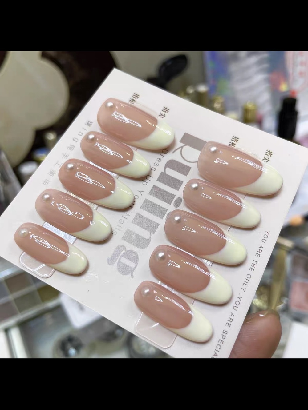 Hand made Neutral Nude & Ivory French Oval Press-On Nails